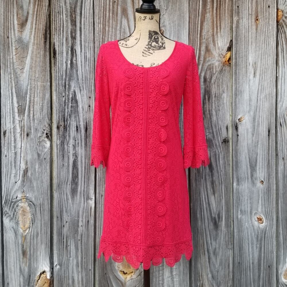 Bell Sleeve Dress Laundry Shelli Segal Size 6 Scallop Red Lace Crochet Crop 3/4